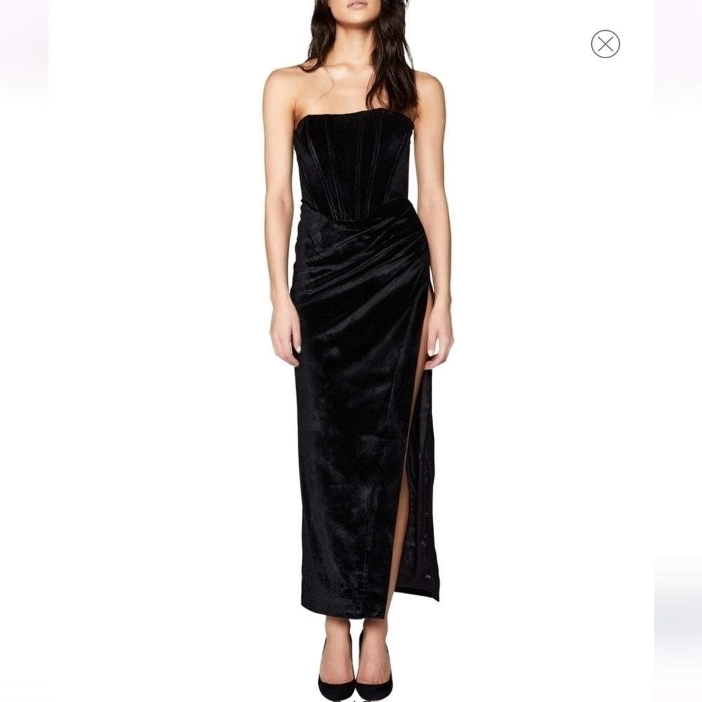BARDOT Everlasting Velour Strapless Midi Dress with high slit in black size 8